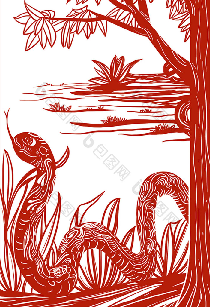 红色中国风在草丛中的蛇剪纸插画