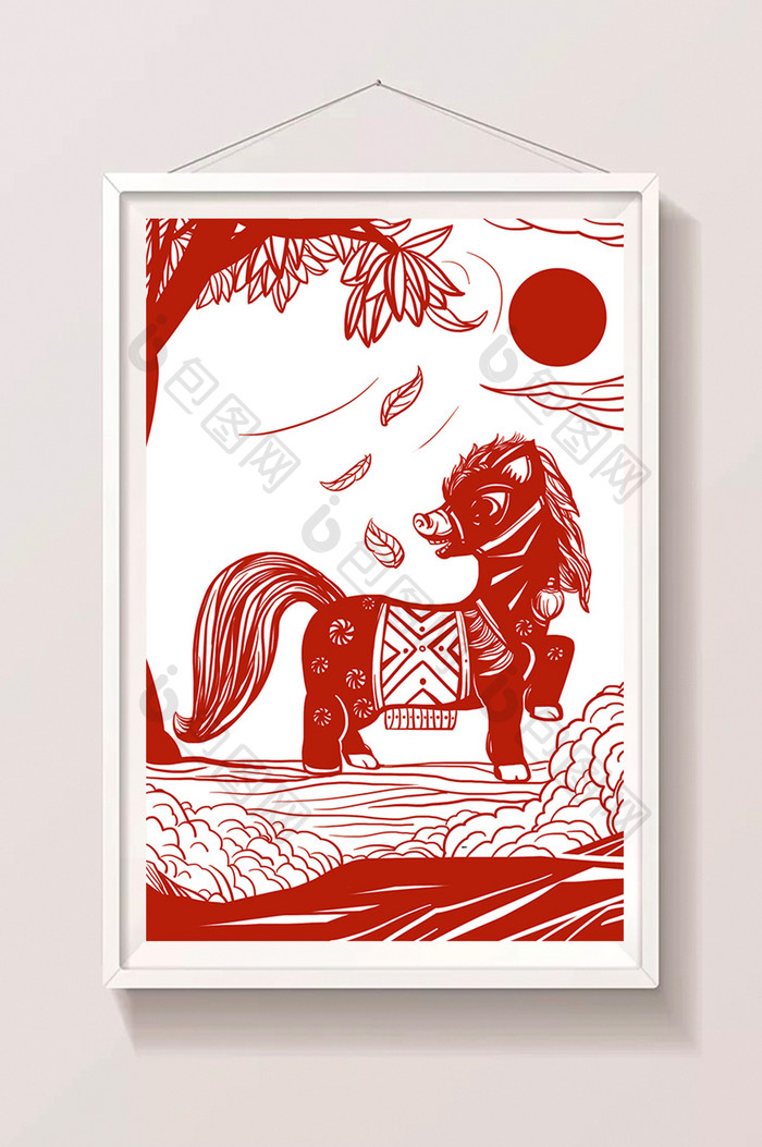 红色中国风秋风中的马剪纸插画