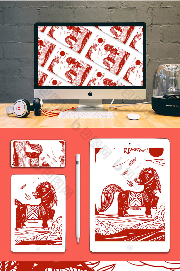 红色中国风秋风中的马剪纸插画
