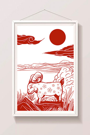 红色中国风在吃草的羊剪纸插画图片