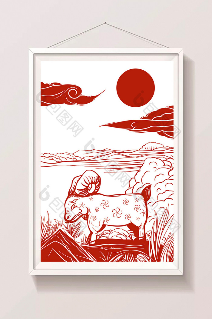 红色中国风在吃草的羊剪纸插画