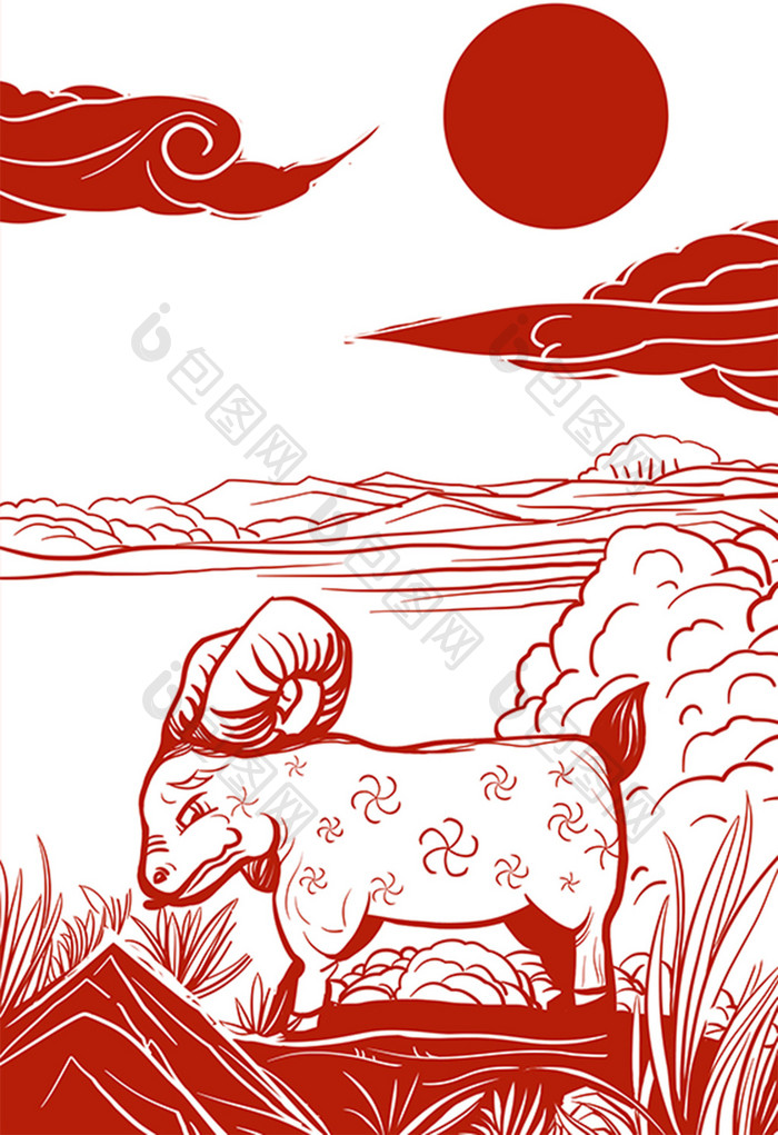红色中国风在吃草的羊剪纸插画