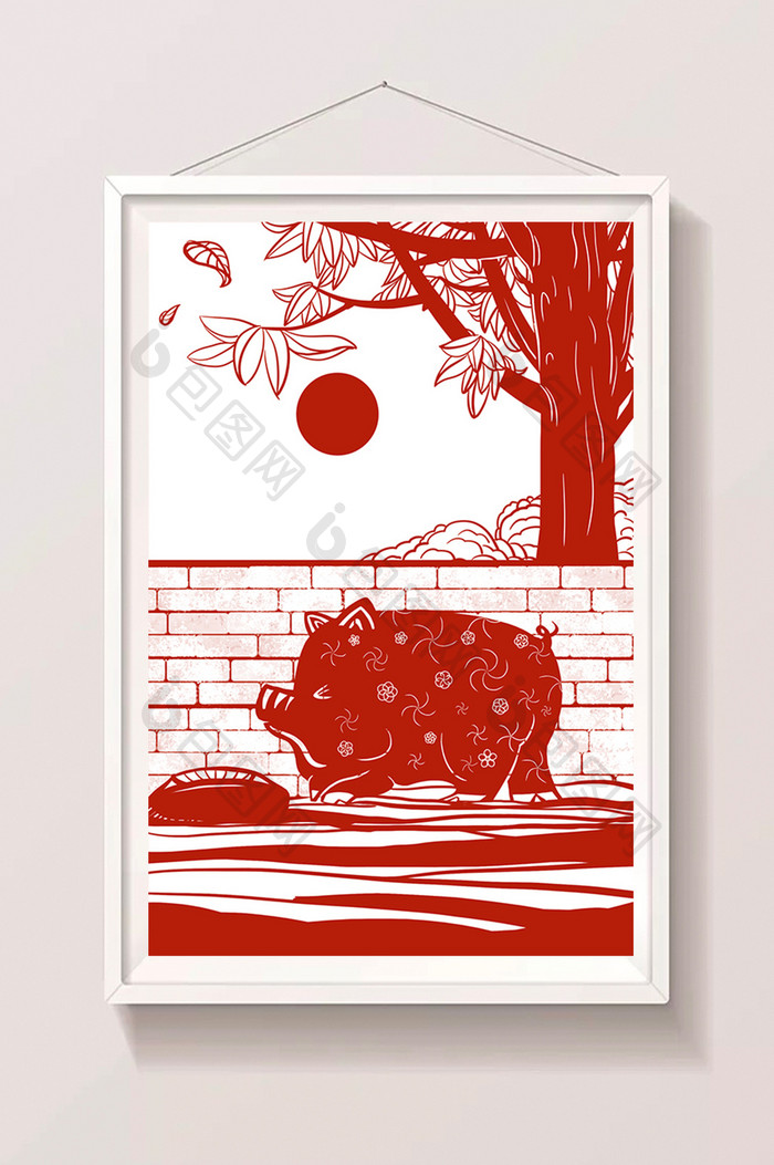 红色中国风奔向食槽的猪剪纸插画