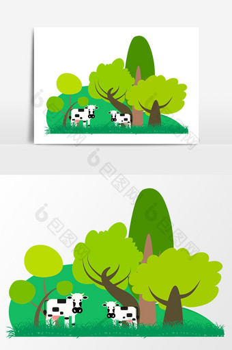 手绘小清新绿色草地树林插画素材图片