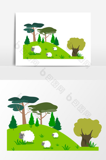 手绘绿色山林插画矢量素材图片
