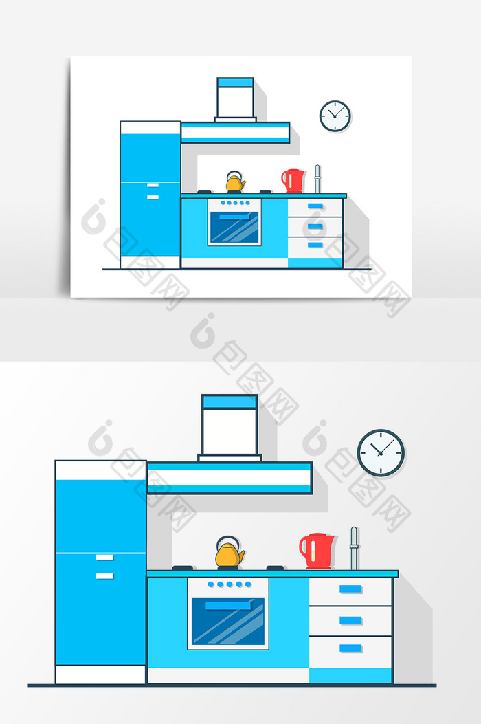 手绘蓝色厨房摆列设计插画素材
