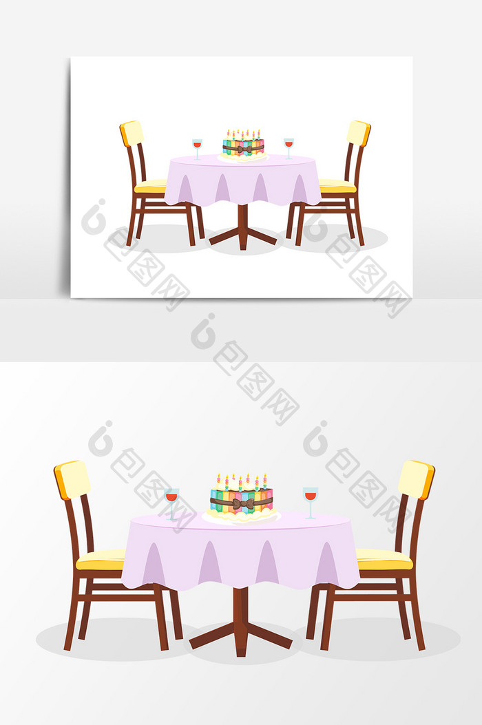 手绘卡通扁平餐桌生日蛋糕矢量素材
