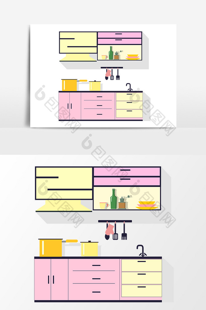 手绘卡通厨房装饰设计插画素材