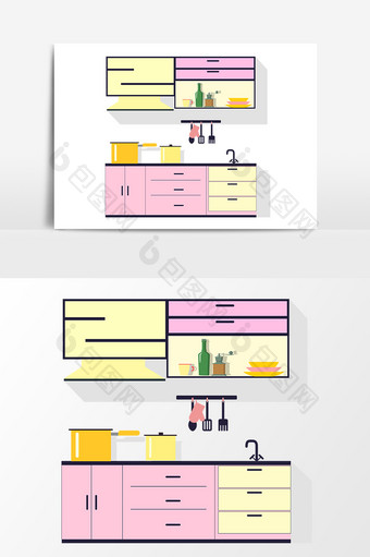 手绘卡通厨房装饰设计插画素材图片