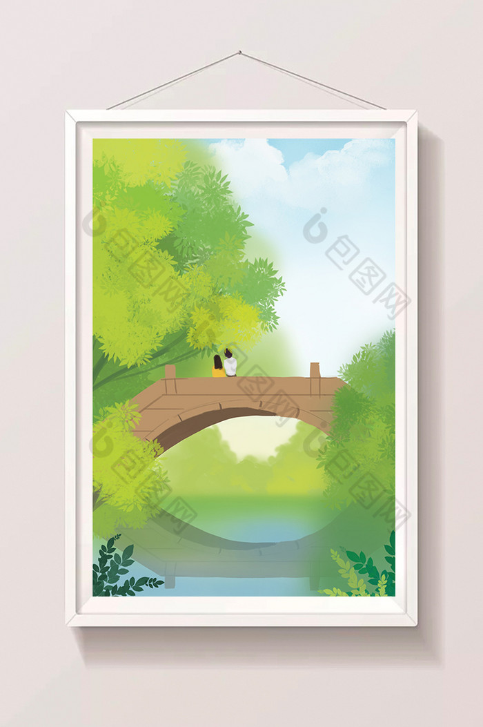 七夕情人节公园桥上的情侣插画图片