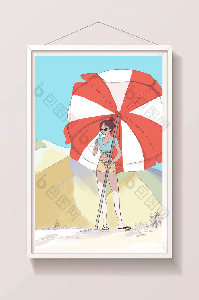 卡通炎热烈日下女孩撑伞吃冰棍插画