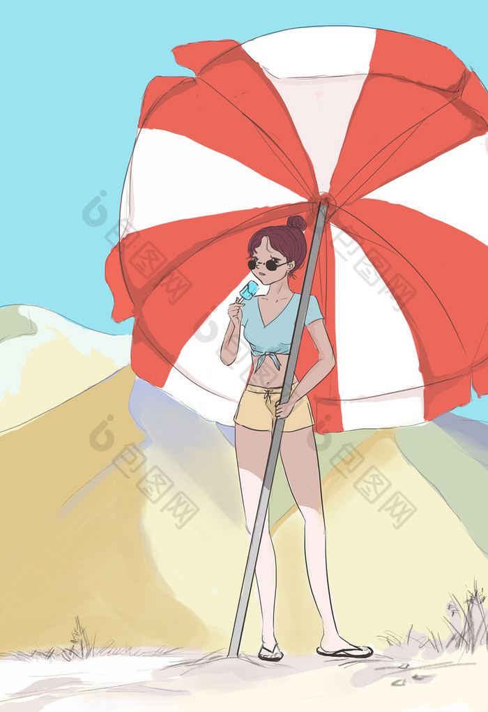 卡通炎热烈日下女孩撑伞吃冰棍插画