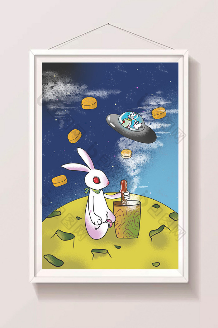黄蓝卡通可爱八月十五兔子插画