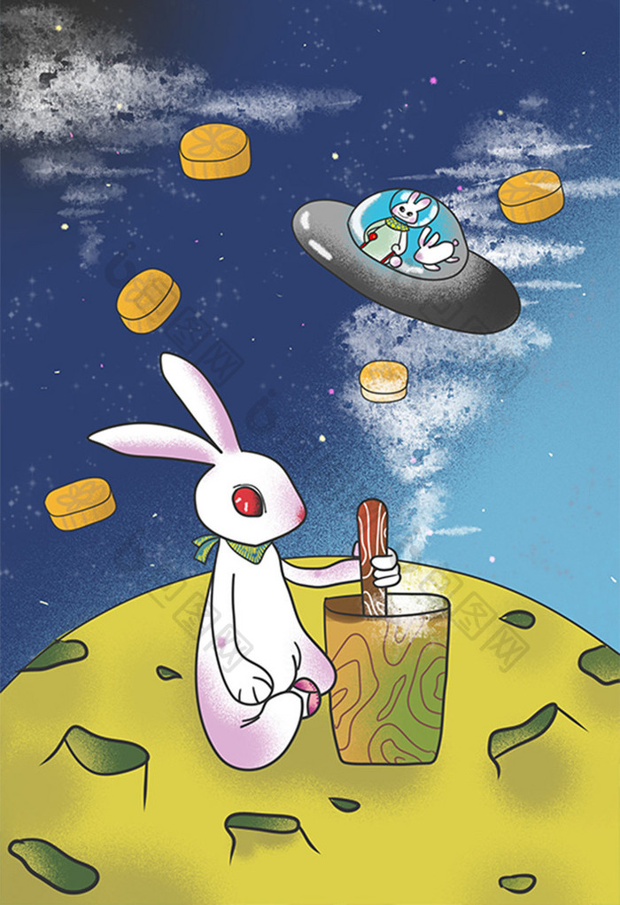 黄蓝卡通可爱八月十五兔子插画