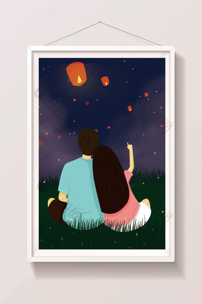 梦幻七夕情人靠肩赏夜景插画