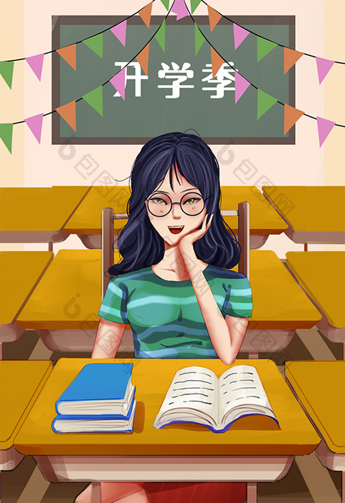 开学季唯美清新风少女插画