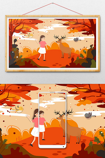小女孩林中麋鹿秋游秋季立秋秋分风景插画图片