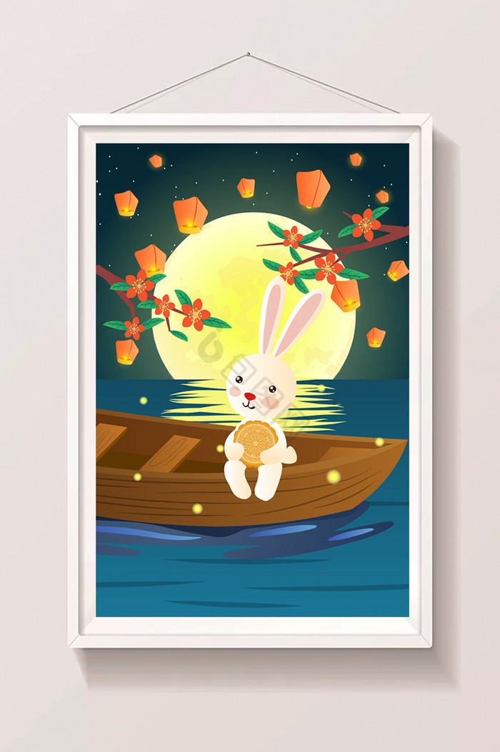 中秋节兔子吃月饼赏月插画图片
