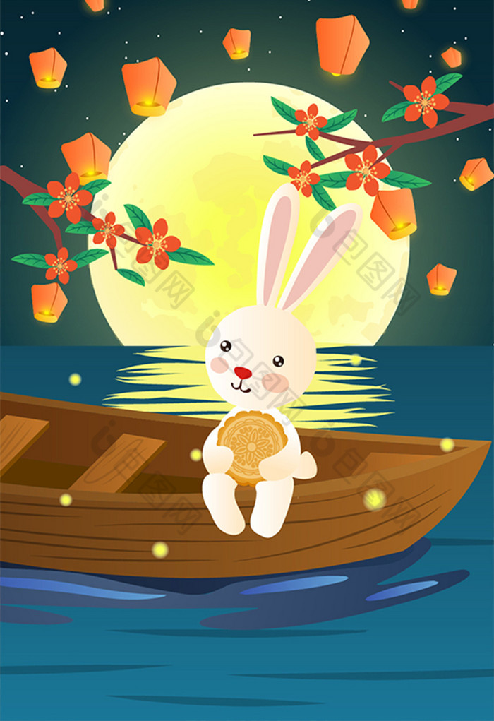 中秋节兔子吃月饼赏月插画图片