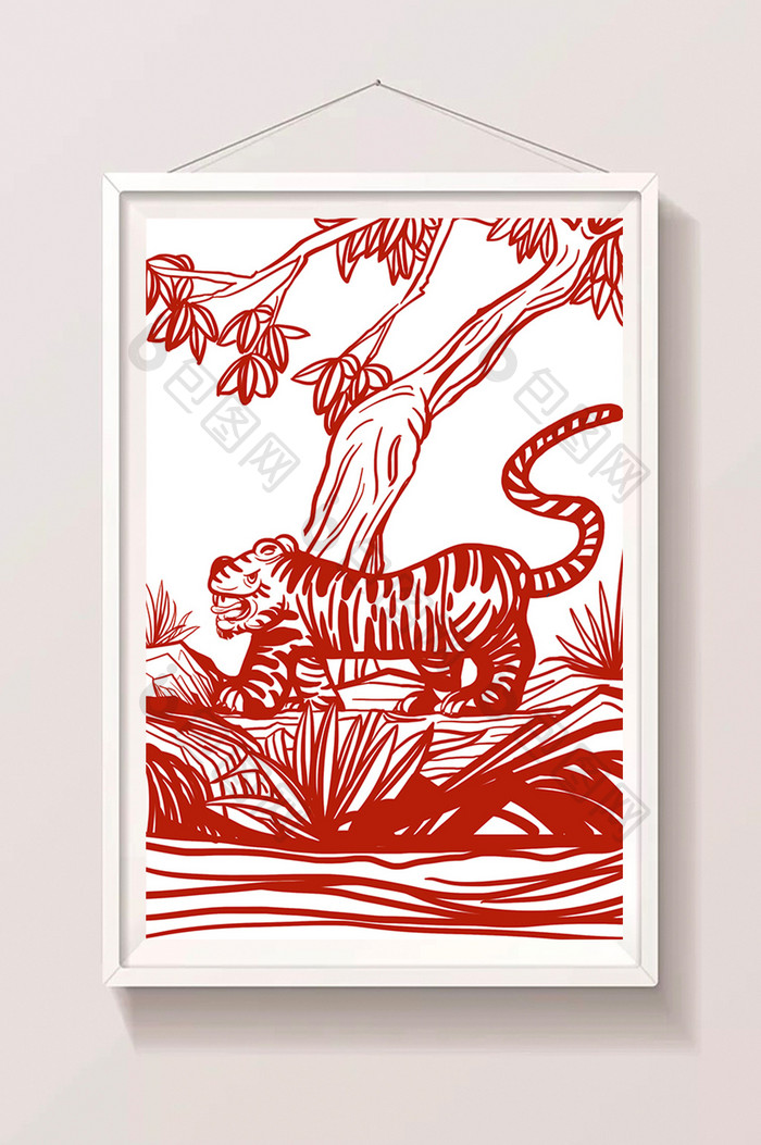 红色中国风丛林中的老虎剪纸插画