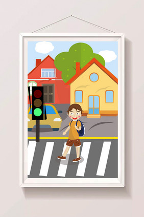 清新可爱男孩上学路上开学开学季插画