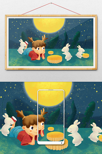 中秋节月饼满月玉兔可爱小女孩团员主题插画图片