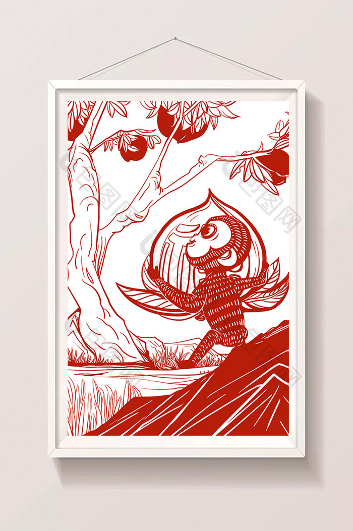 红色中国风拿着桃子的猴子剪纸插画