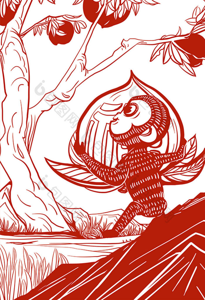 红色中国风拿着桃子的猴子剪纸插画