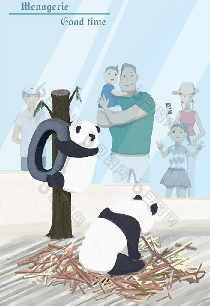 动物园熊猫暑期逛动物园主题插画