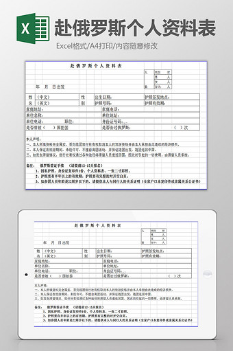 赴俄罗斯个人资料表excel模板图片