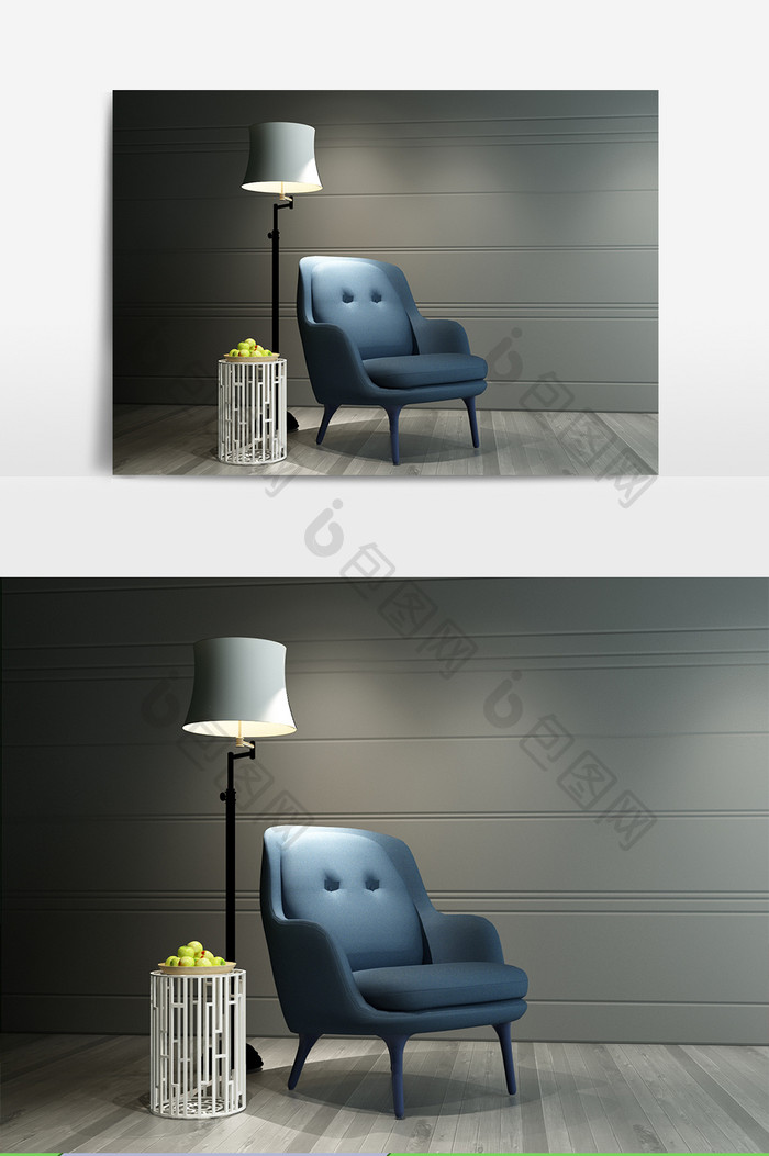 现代蓝灰色布艺沙发模型