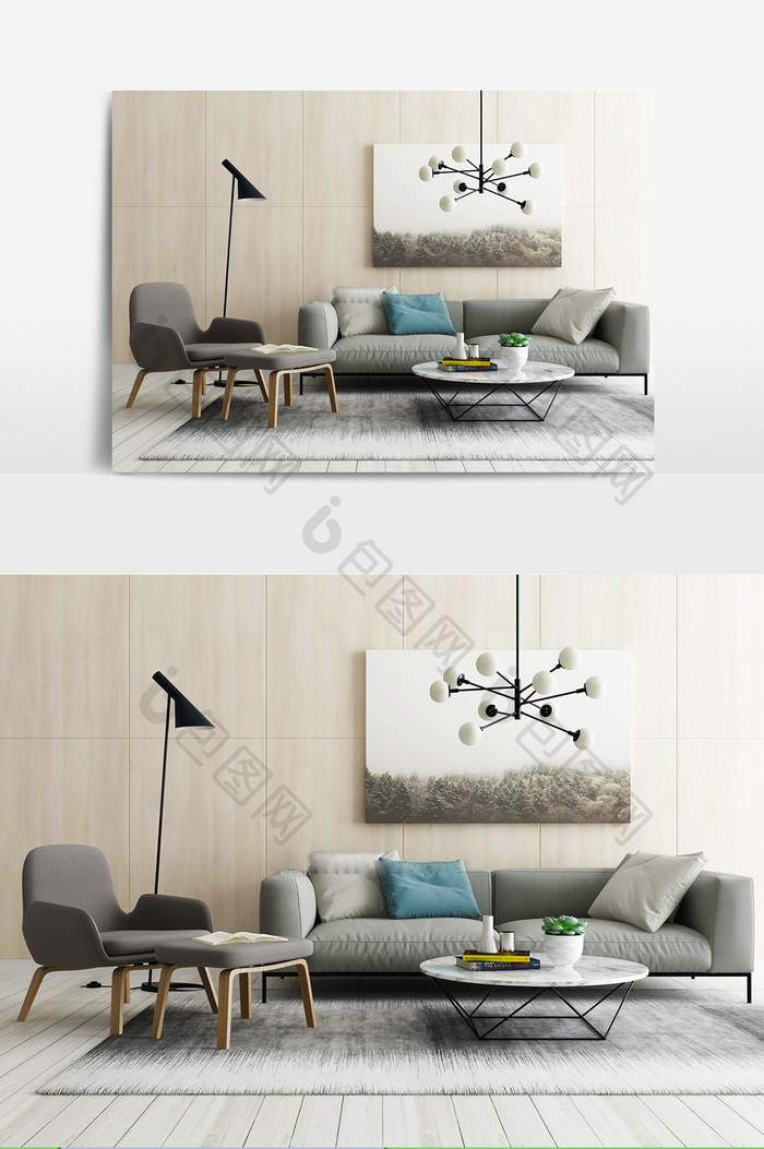 现代灰色布艺组合沙发模型