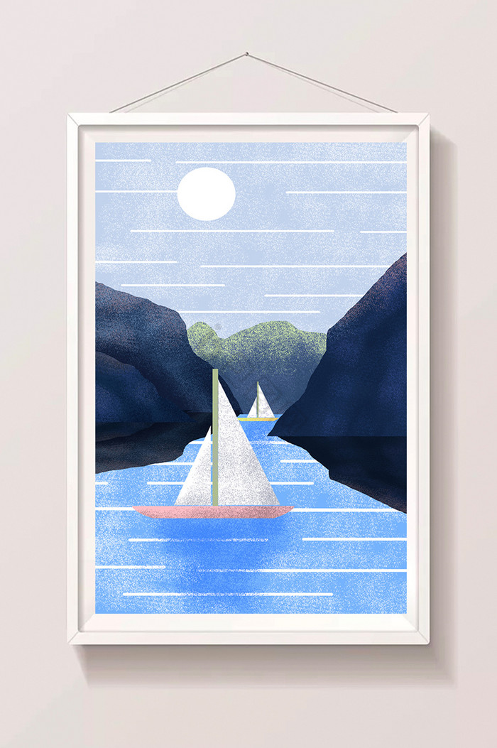 峡谷水面帆船插画图片