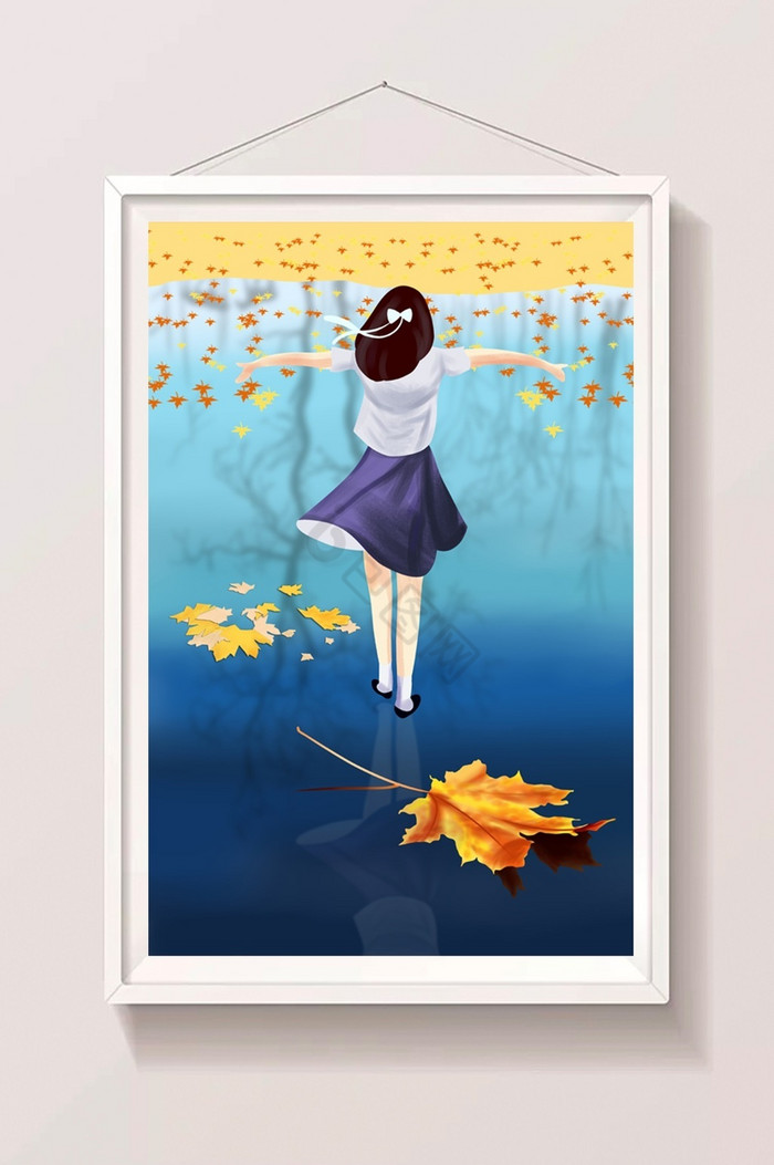 秋天节气立秋落叶湖面女孩倒影水插画图片