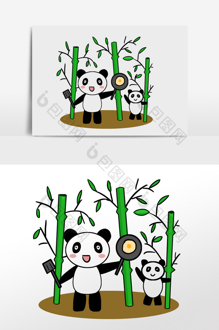 黑白绿手绘卡通大熊猫炒蛋插画