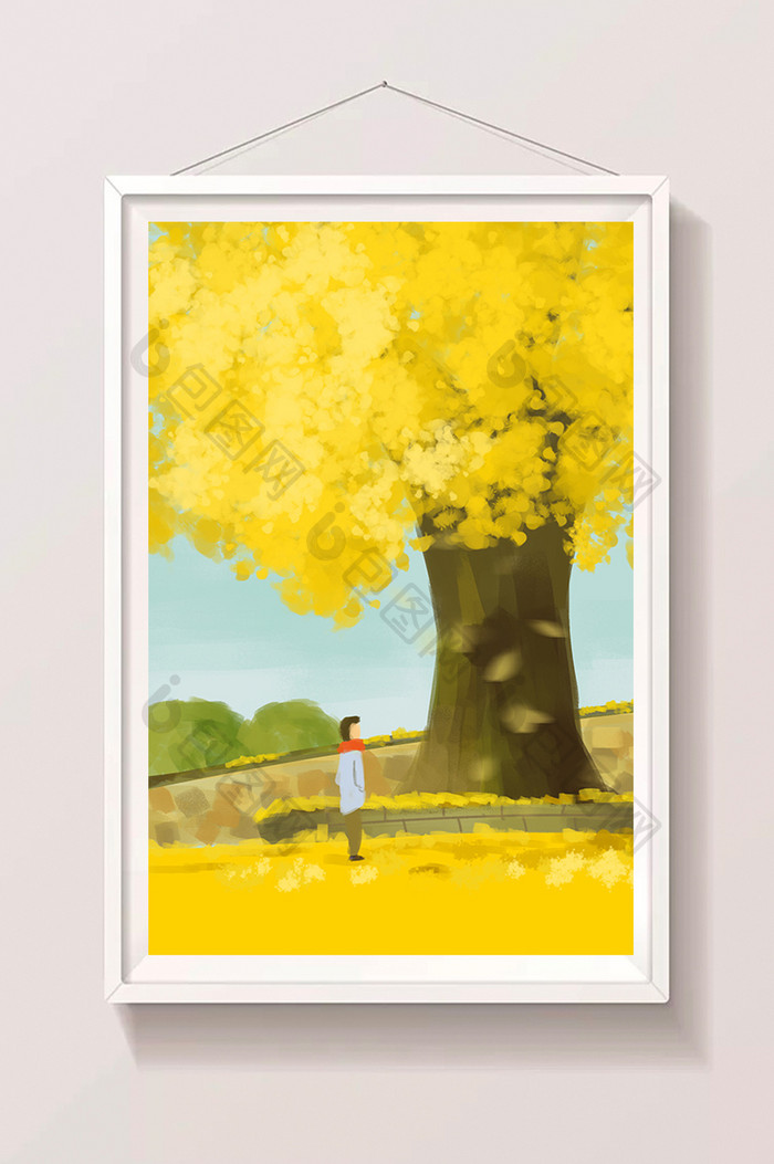 唯美冬天公园里银杏树叶黄了手绘插画背景