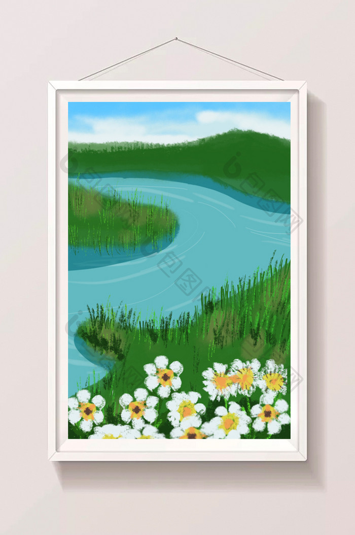 小清新唯美河流分叉口蓝天白云下的花朵背景