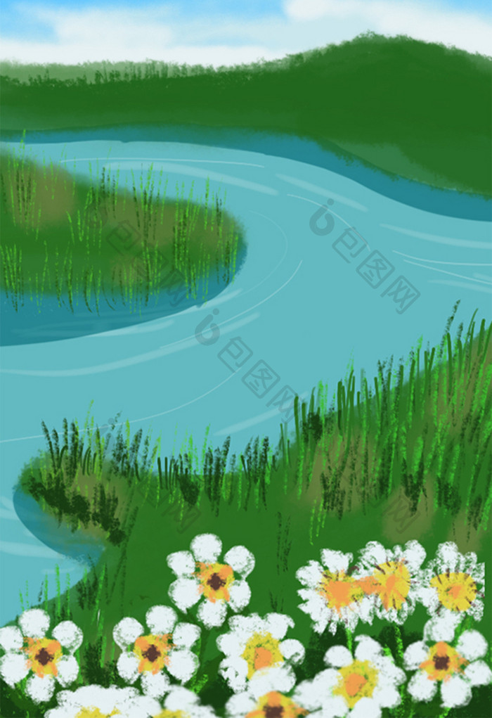 小清新唯美河流分叉口蓝天白云下的花朵背景
