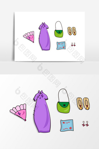 紫色连衣裙包包鞋子耳环扇子元素图片