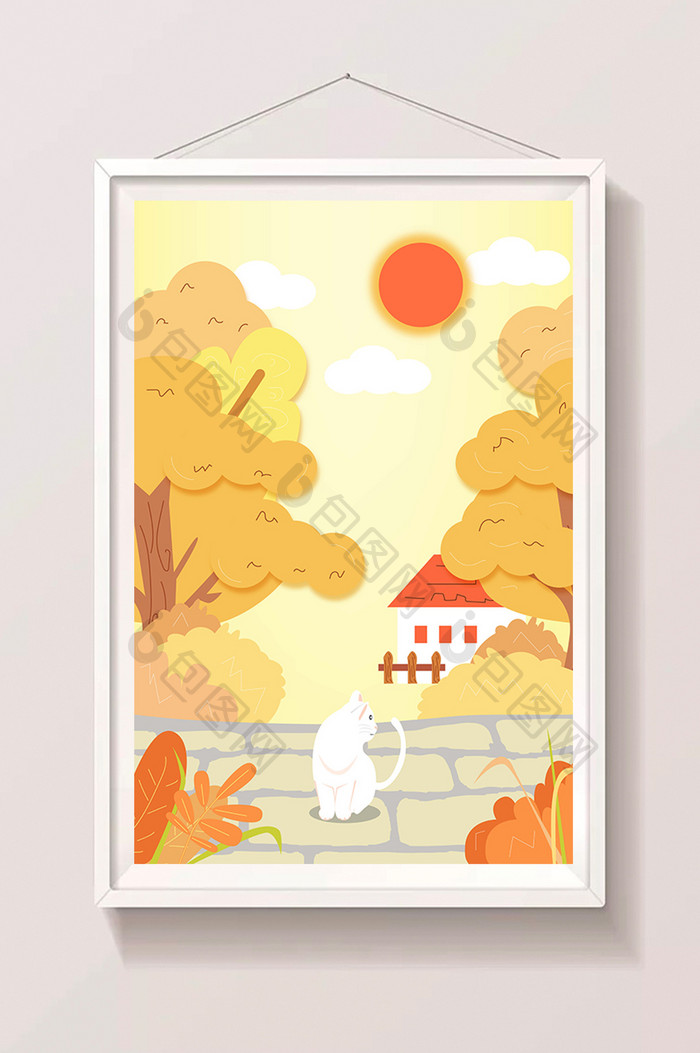 温暖橙色秋分小猫插画