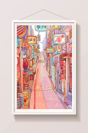 梦幻日本城市街道炫彩插画图片