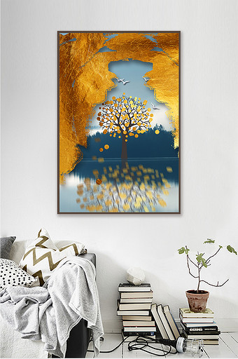 现代抽象金色波点树客厅装饰画图片