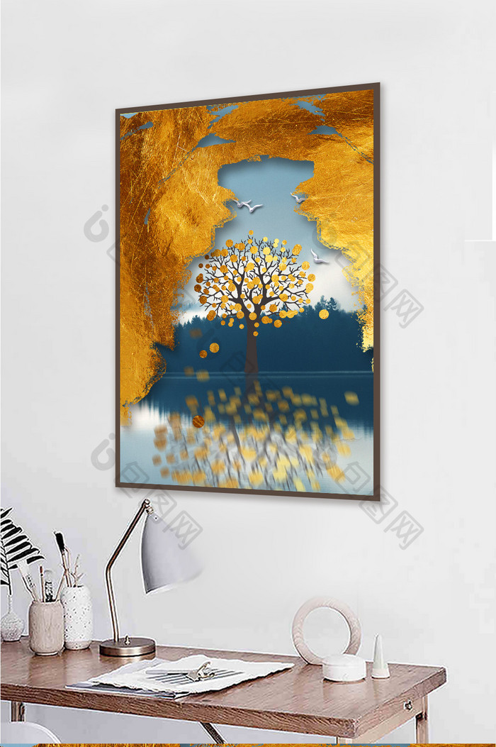 现代抽象金色波点树客厅装饰画