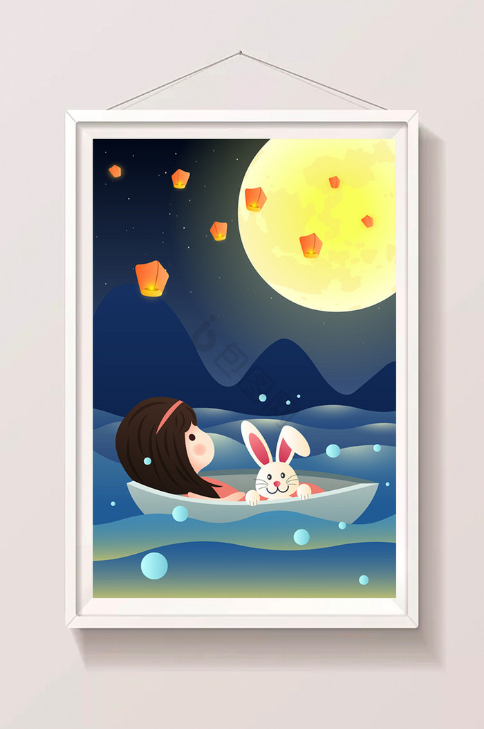超清无损中秋节女孩兔子小船适量插画图片