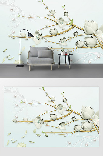 现代简约浮雕立体与玉兰花背景墙图片