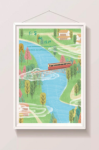 绿色清新火车旅行河流风景插画图片