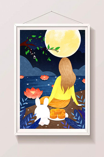 中秋节圆月之夜河灯女孩兔子月饼插画图片