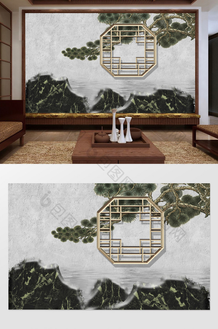 新中式立体山水古松浮雕花窗背景墙