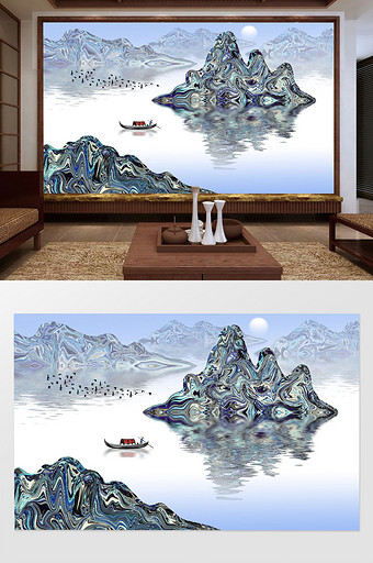 古典中式蓝色山水背景装饰画图片