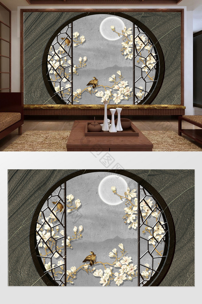 中式大理石漏窗框景花鸟背景墙